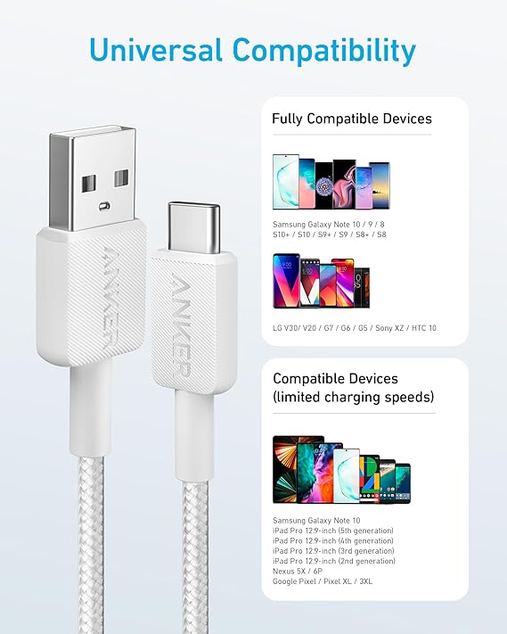 ANKER USB-A to USB-C 3ft Braided PD Cable, 0.9m, White ANKER USB-A to USB-C 3ft Braided PD Cable, 0.9m, White